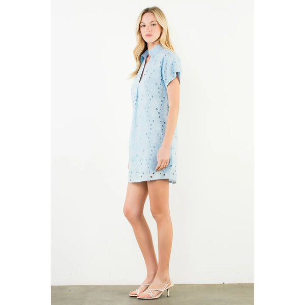 Blue Short Sleeve Floral Eyelet Embroidery Dress
