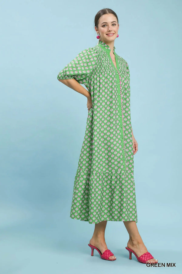 Green Floral Print Button Down Midi Dress