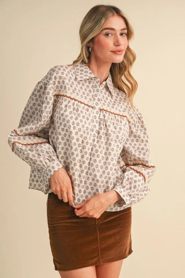 Cream Floral Lace Trim Button Up Top w Long Puff Sleeves