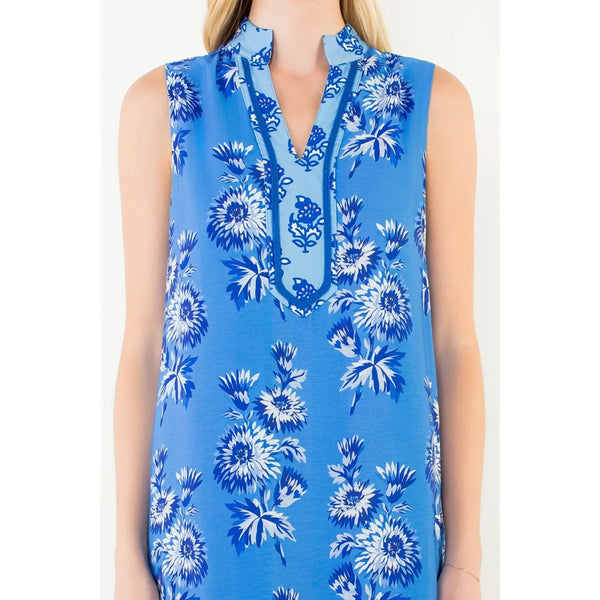 Blue Sleeveless Floral Print Dress