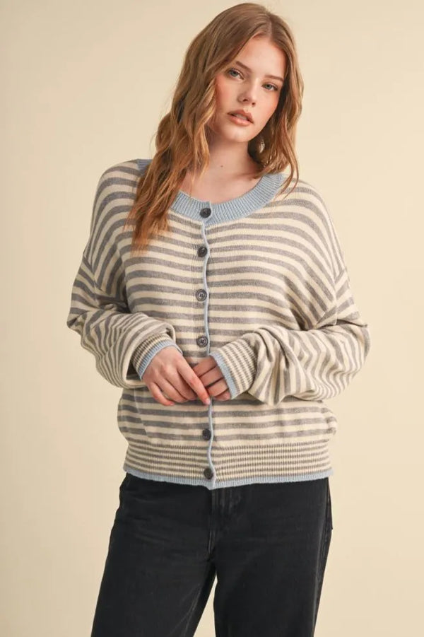 Striped Sweater Cardigan in Slate Grey