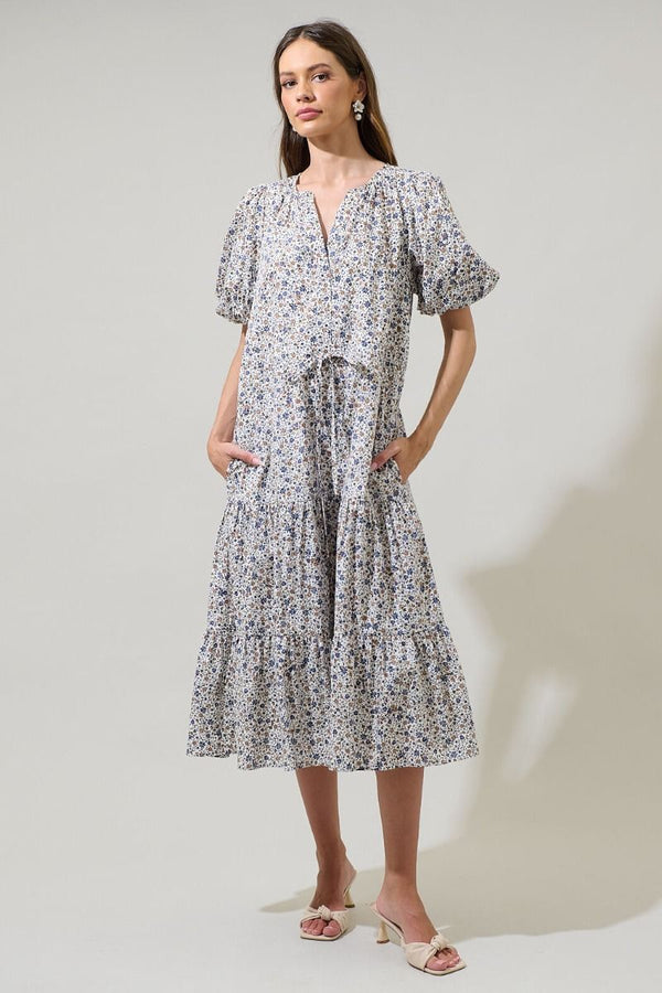 Heath Floral Balloon Sleeve Tiered Midi Dress
