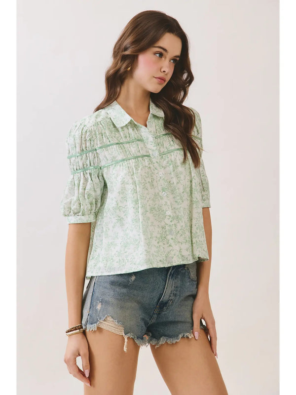 Floral Print Green Pintuck Button Down Puff Sleeve Blouse