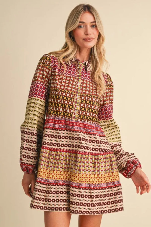 Purple & Olive Border Print Button Down Mini Dress