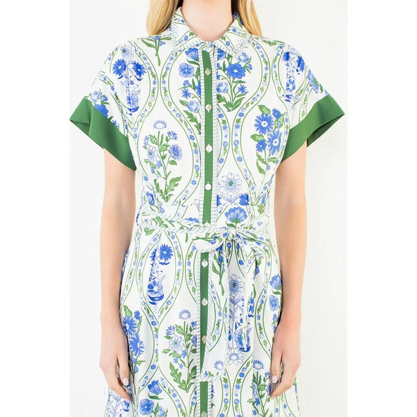 Maxi White & Floral Dress with Tie Waist