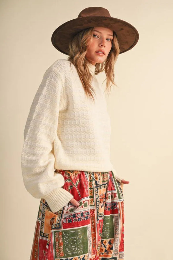 Quilted Ivory Cream Knit Mock Neck Sweater