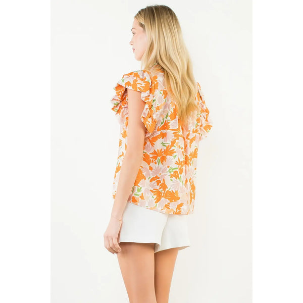 Orange Flowy Sleeve Floral Print V-Neck Top