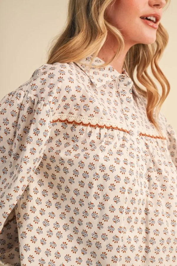 Cream Floral Lace Trim Button Up Top w Long Puff Sleeves