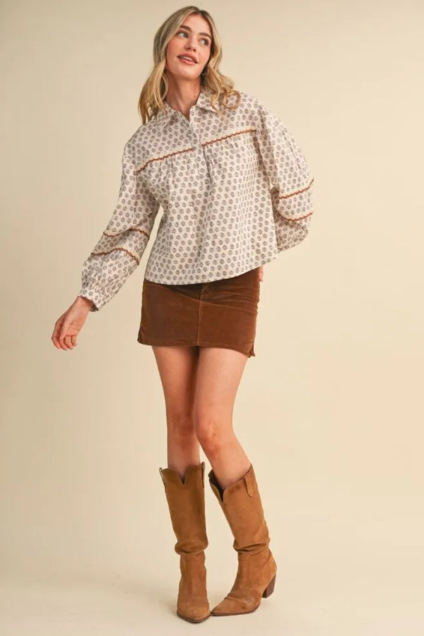 Cream Floral Lace Trim Button Up Top w Long Puff Sleeves