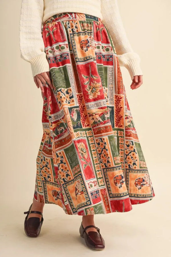Amber Multi Patch Print A-line Midi Skirt