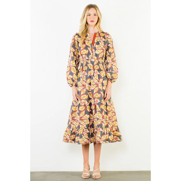 Leaf Print Cinched Waist Maxi Dress