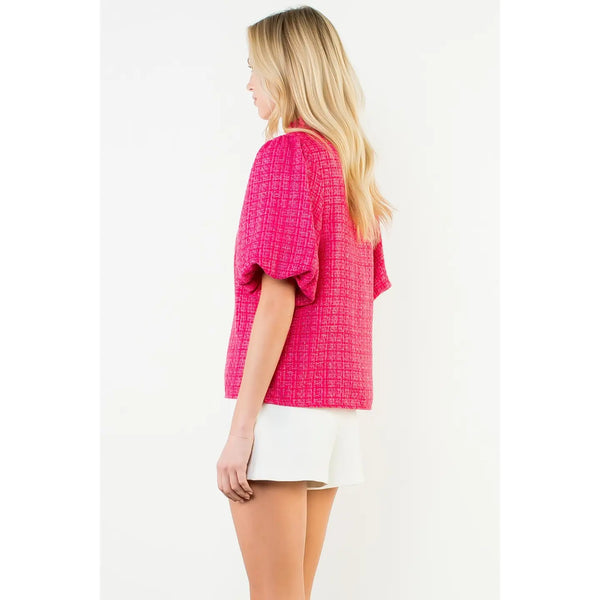 Pink Puff Sleeve Tweed Knit Top