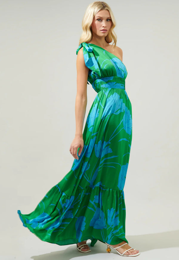 Seamoss Blue Floral Bayou One Shoulder Maxi Dress