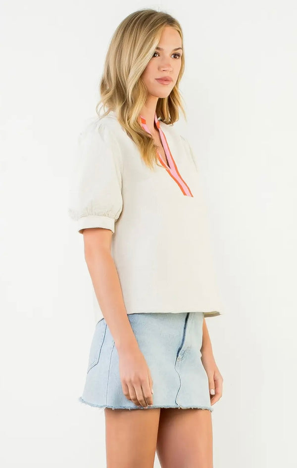 Puff Sleeve Textured V-Neck Top - Cream
