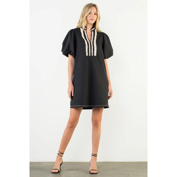 Puff Sleeve Embroidered Textured Dress in Black