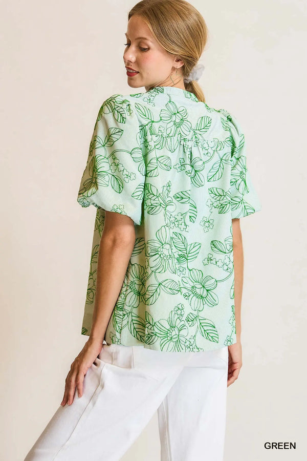 Green Embroidered Floral Print Blouse