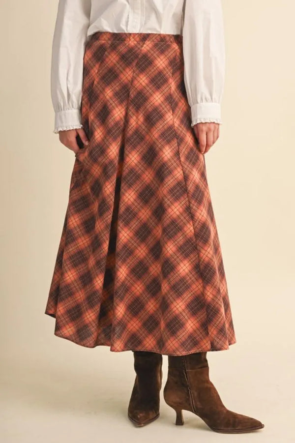 Copper Brown Plaid Maxi Skirt