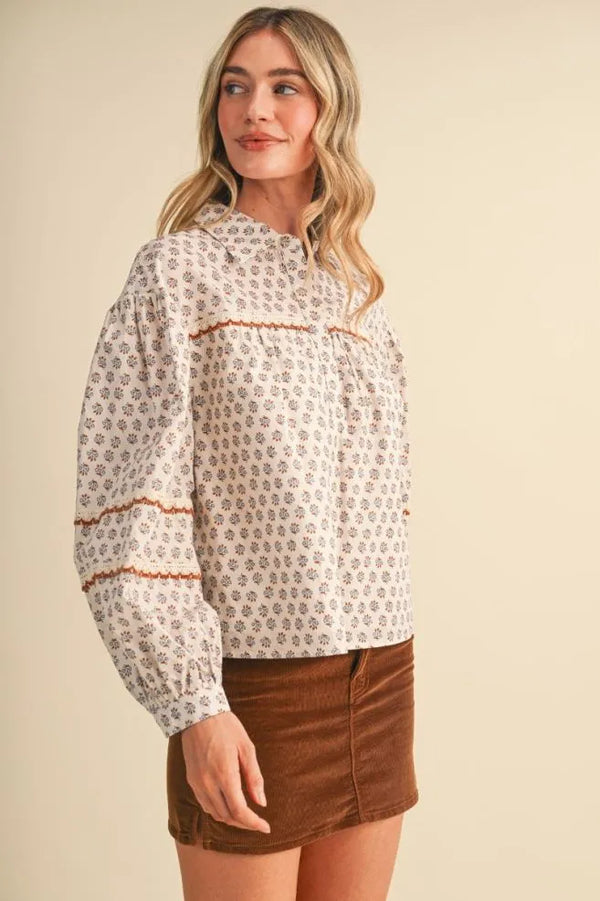 Cream Floral Lace Trim Button Up Top w Long Puff Sleeves