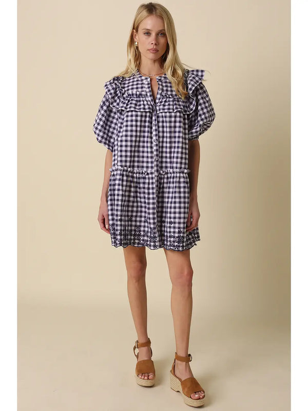 Sidney Gingham Ruffle Tiered Dress | White Navy