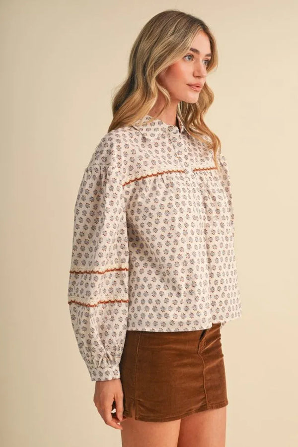 Cream Floral Lace Trim Button Up Top w Long Puff Sleeves