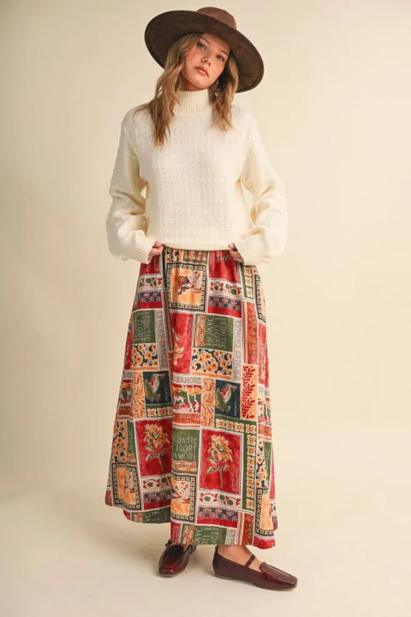 Amber Multi Patch Print A-line Midi Skirt
