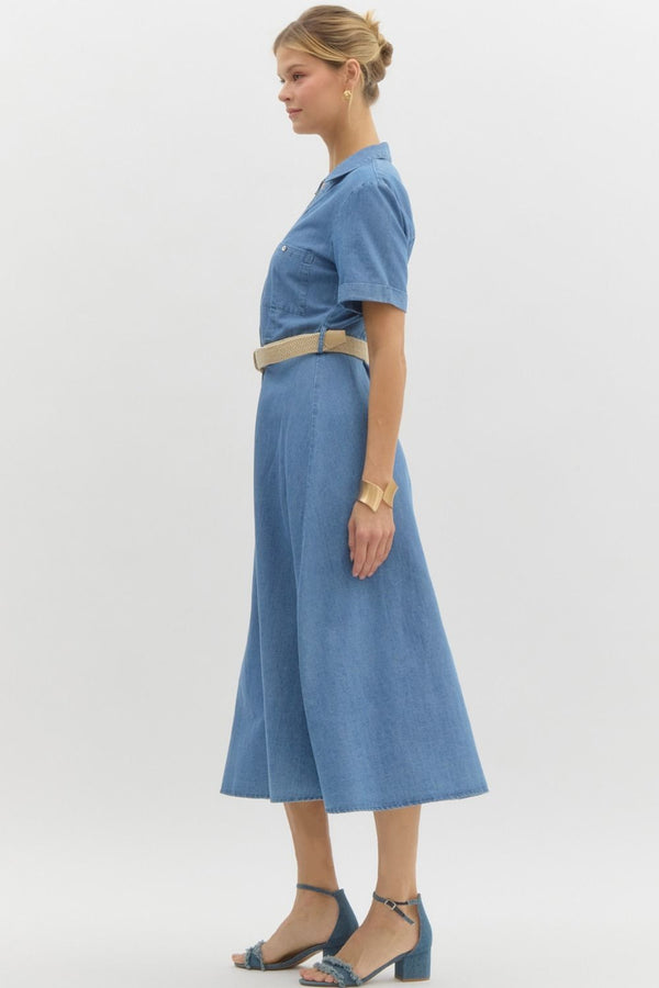 Denim Midi Shirt Dress with Belt