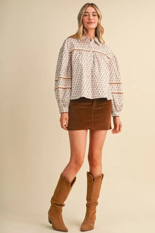 Cream Floral Lace Trim Button Up Top w Long Puff Sleeves
