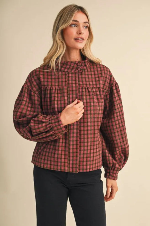 Mocha Plaid Bubble Hem Jacket