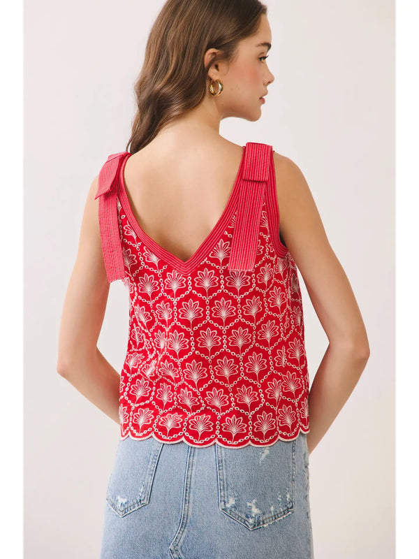 Red Eyelet Bow Strap V Neckline Top