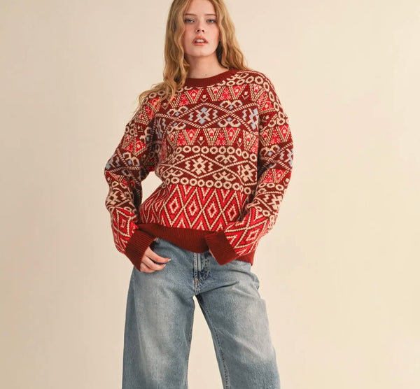 Burgundy Fair Isle Sweater Pullover