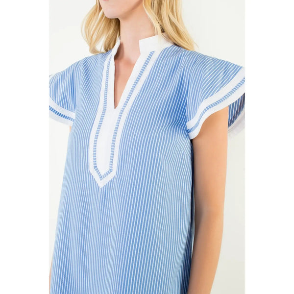 Blue Flutter Sleeve Striped V-Neck Dress
