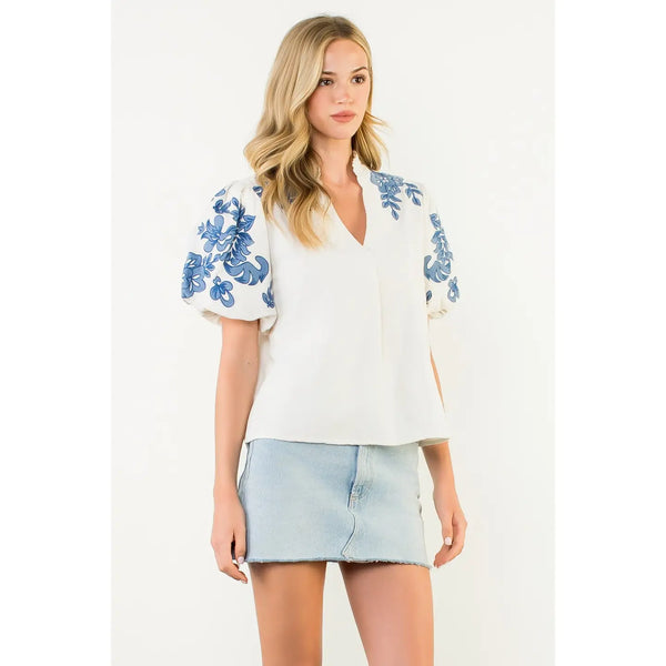 Puff Sleeve Embroidered Detail Corduroy Top in Cream