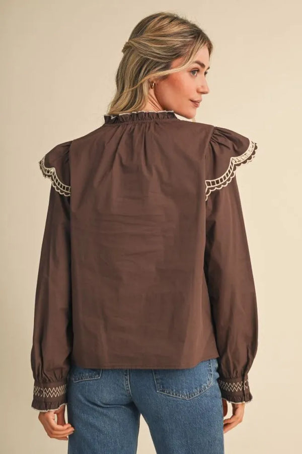 Cocoa Brown Embroidered Long Sleeve Top w Ruffle Mock Neckline