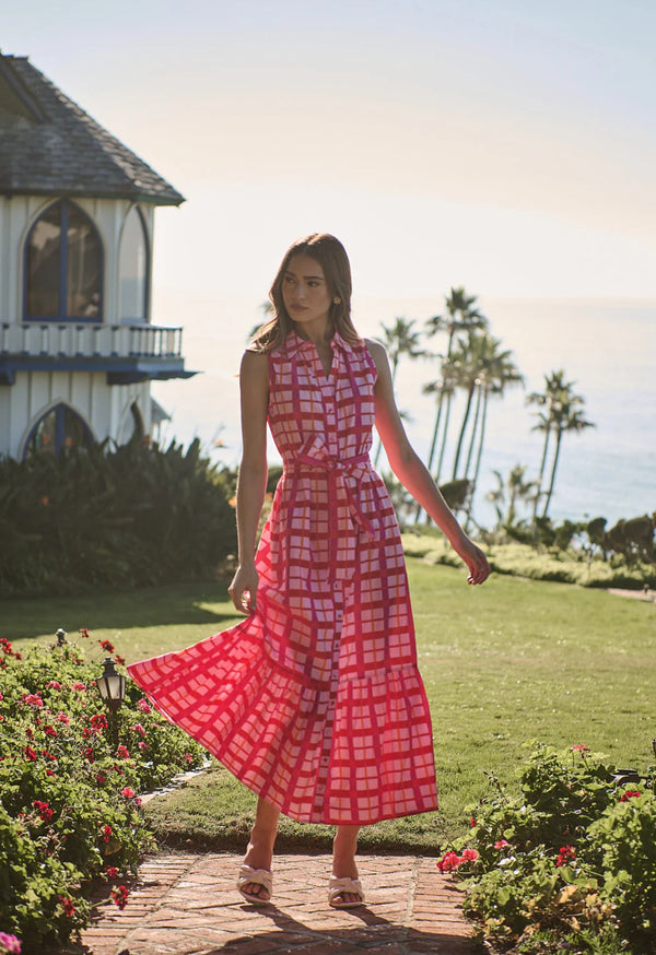 Darvy Pink & Orange Checker Cileah Collared Maxi Dress
