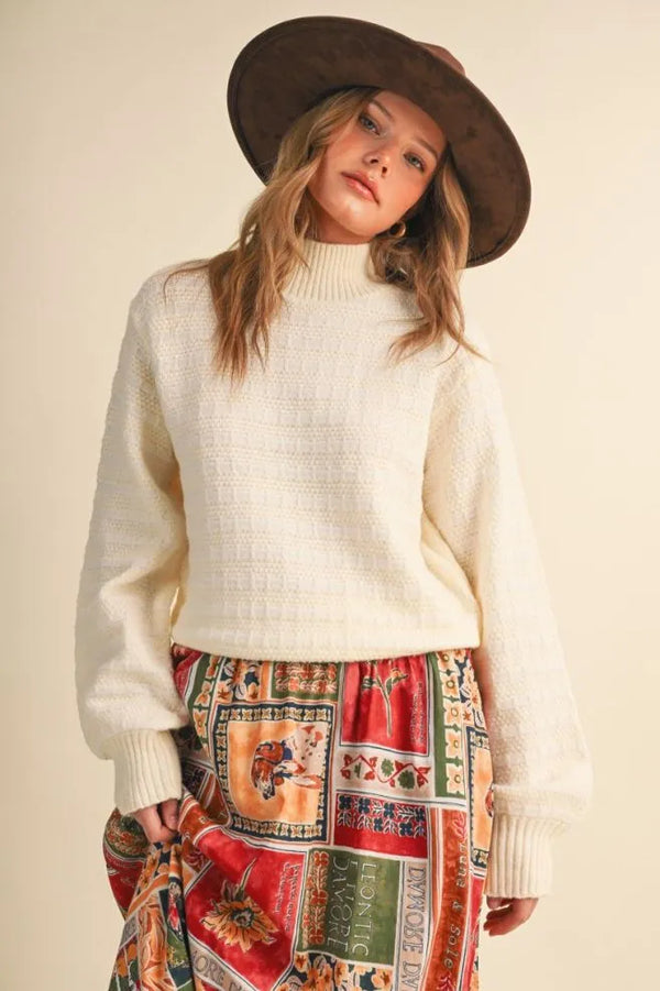 Quilted Ivory Cream Knit Mock Neck Sweater