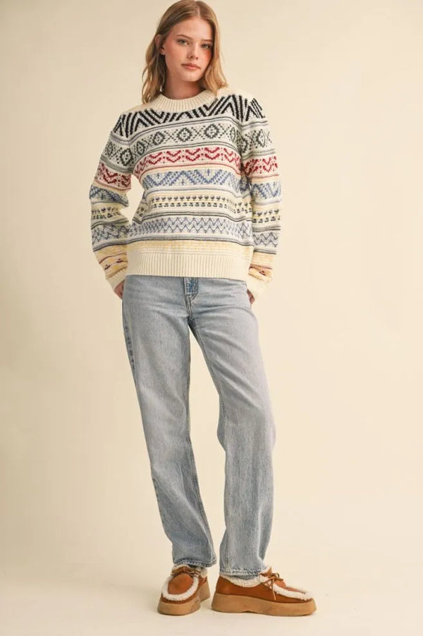 Off White & Colorful Geometric Knit Sweater
