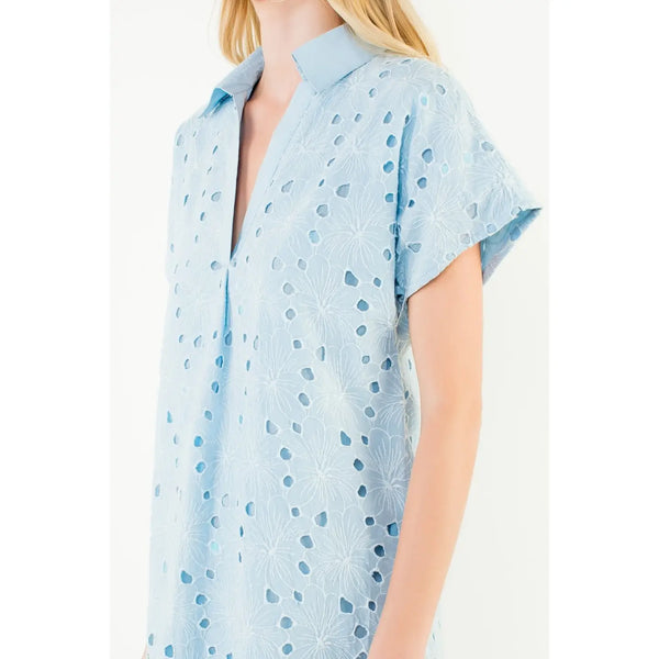 Blue Short Sleeve Floral Eyelet Embroidery Dress