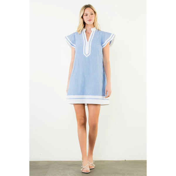 Blue Flutter Sleeve Striped V-Neck Dress