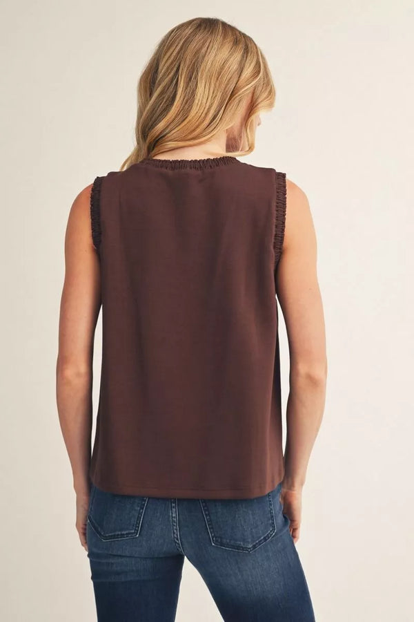 Brown Smocking Edge Detail Casual Tank Top