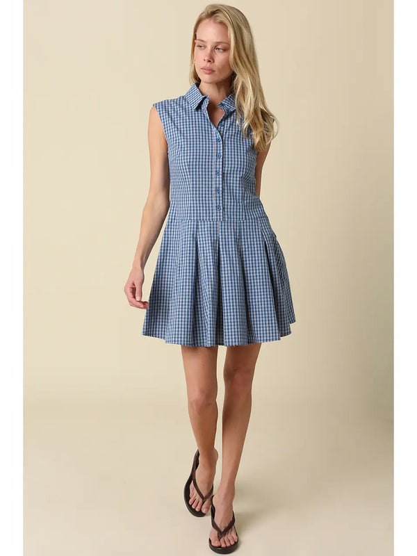 Sarai Gingham Sleeveless Shirt Dress | Teal Blue