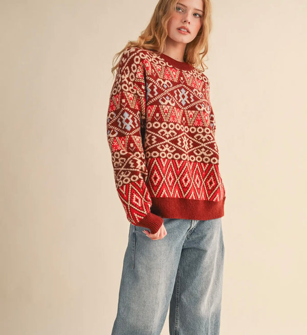 Burgundy Fair Isle Sweater Pullover
