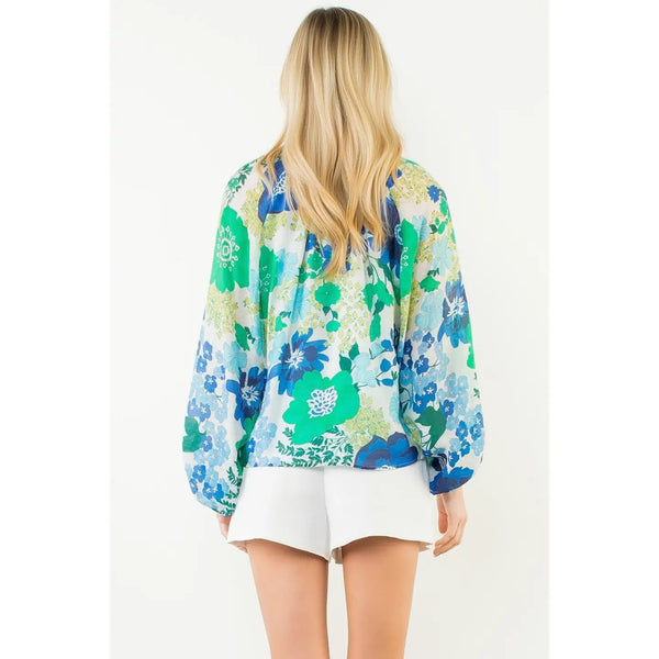 Floral Print Long Sleeve Top Blue & Green