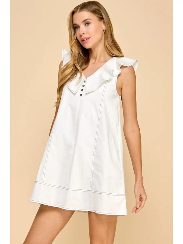 White Ruffled V Neckline Contrast Stitching Detail Dress