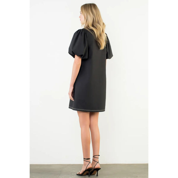 Puff Sleeve Embroidered Textured Dress in Black