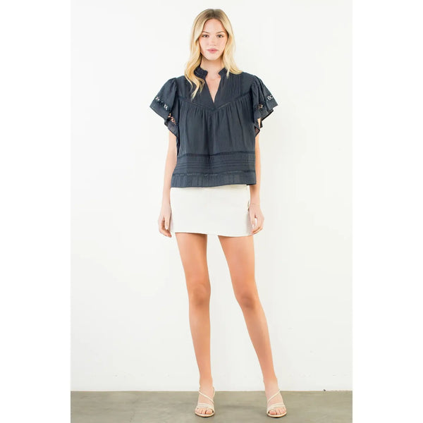 Short Sleeve Navy Lace Detail V-Neck Top