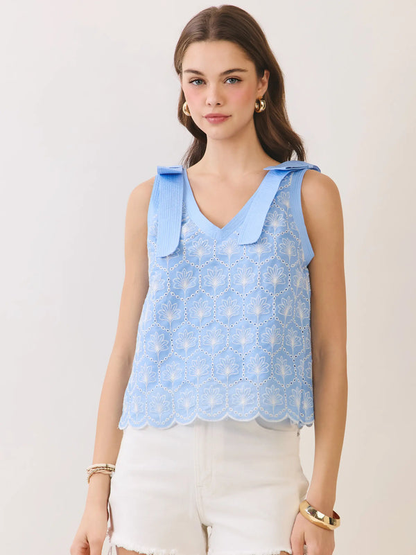 Light Blue Eyelet Bow Strap V Neckline Top