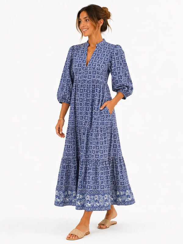 Blue Geometric Maxi Puff Sleeve Dress W Pockets