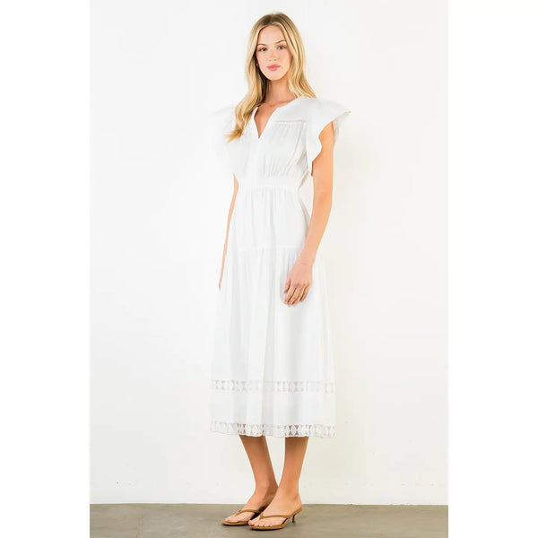 White Ruffled Sleeves V-Neck Tiered Midi Dress