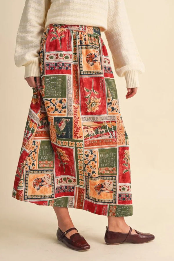 Amber Multi Patch Print A-line Midi Skirt