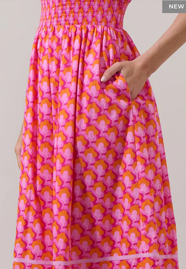 Paden Abstract Ordy Smocked Midi Dress